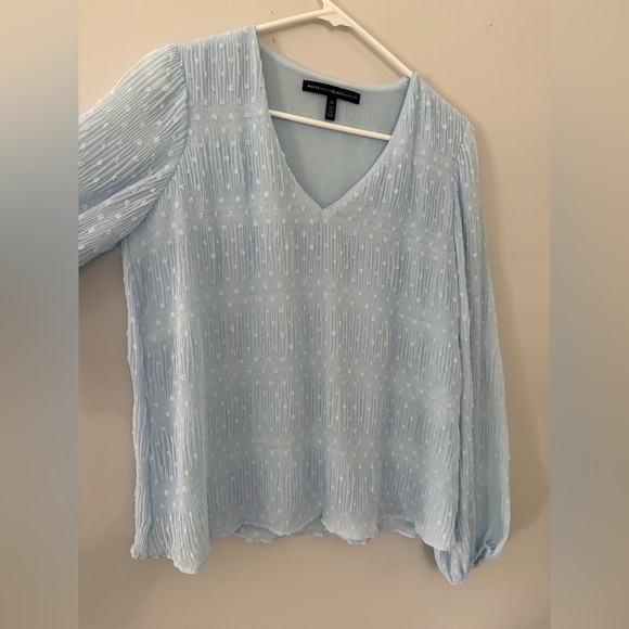 White House Black Market Light Blue Dot Poplin Sheer Lined Blouse Long Sleeve XS - Picture 9 of 9